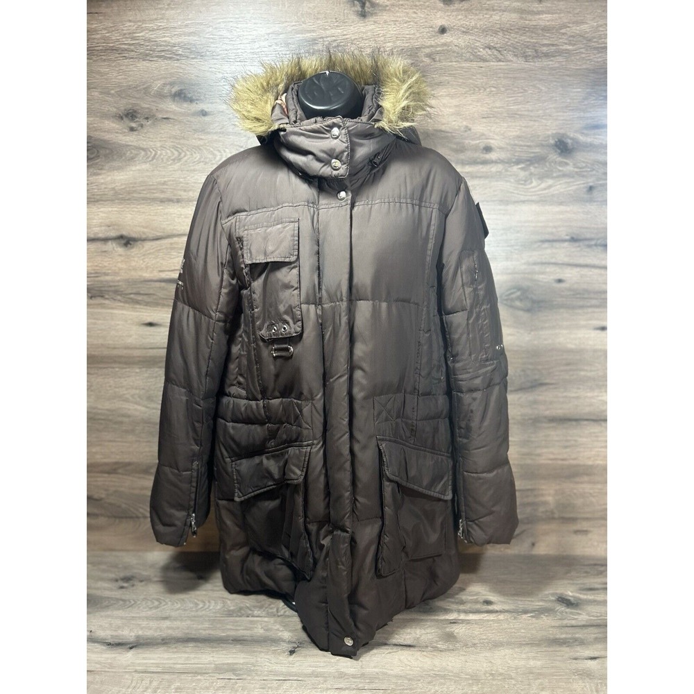 Free Country Jacket Womens Size Large Brown Power Down Puffer Fur Hood